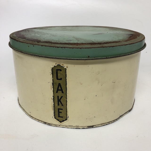 CAKE TIN, Vintage Cream w Green Lid & Label